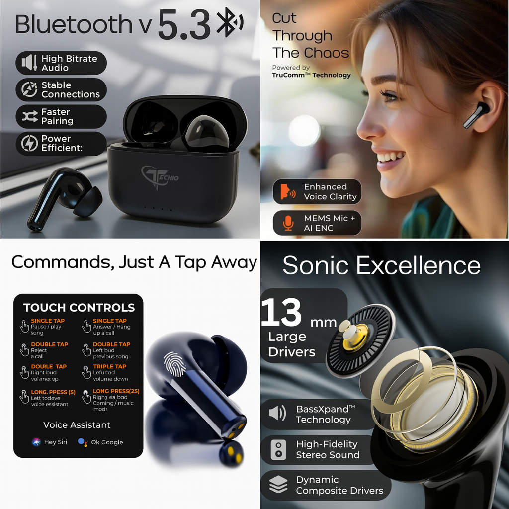 Techio True Wireless Bluetooth Earbuds with 13mm Drivers, ENC Mic, Bluetooth 5.3 & IPX5 Waterproof