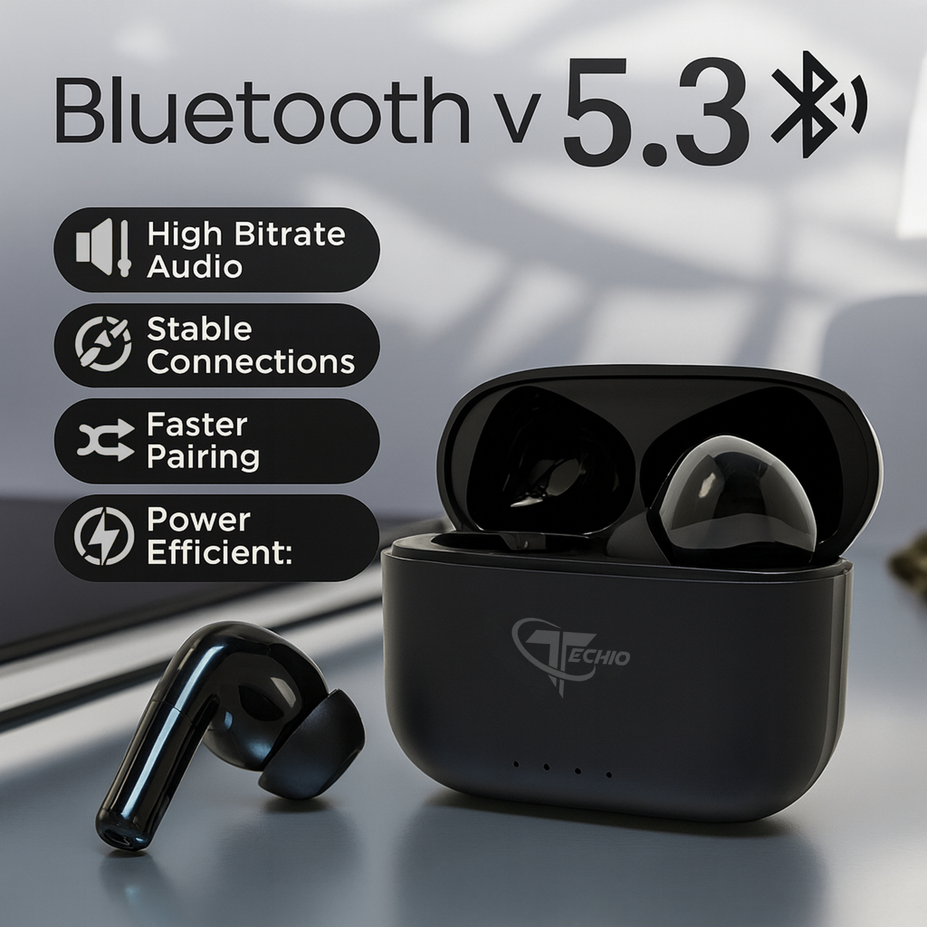Techio True Wireless Bluetooth Earbuds with 13mm Drivers, ENC Mic, Bluetooth 5.3 & IPX5 Waterproof