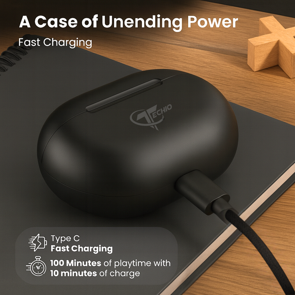 TECHIO True Wireless Bluetooth Earbuds with Deep Bass, Touch Controls & Long Battery Life