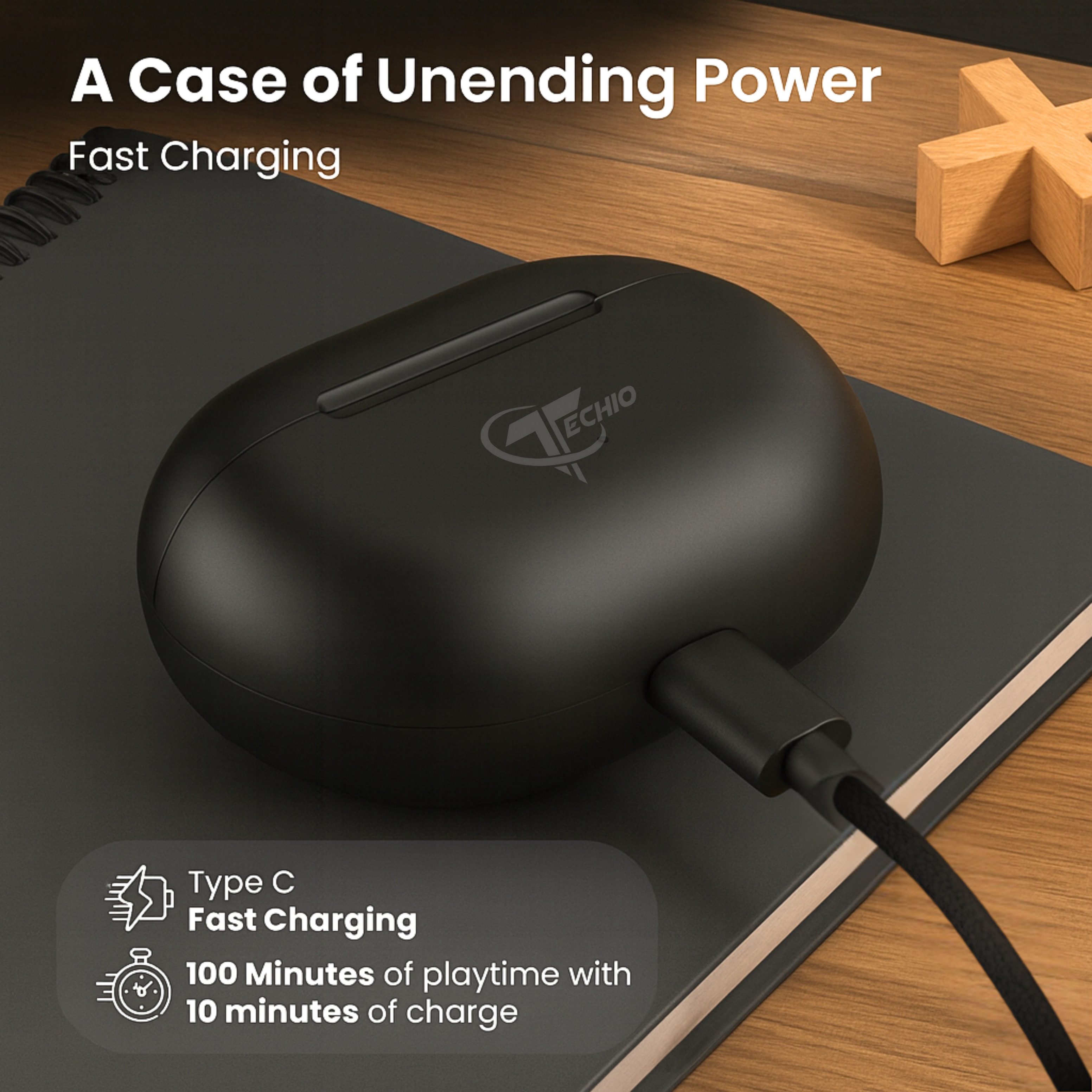 TECHIO True Wireless Bluetooth Earbuds with Deep Bass, Touch Controls & Long Battery Life