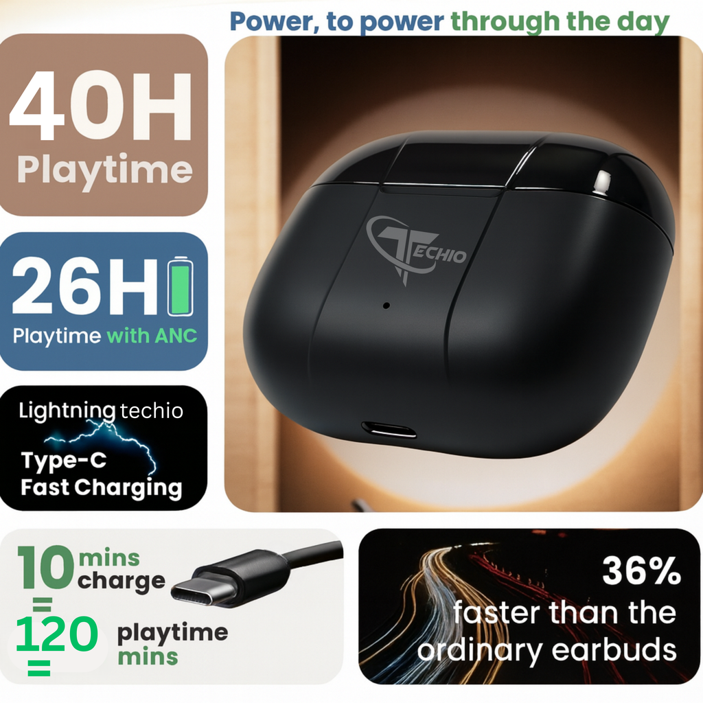 TECHIO Wireless Bluetooth Earbuds with ENC Mic | 40H Playtime | Bluetooth 5.3 | IPX5 |