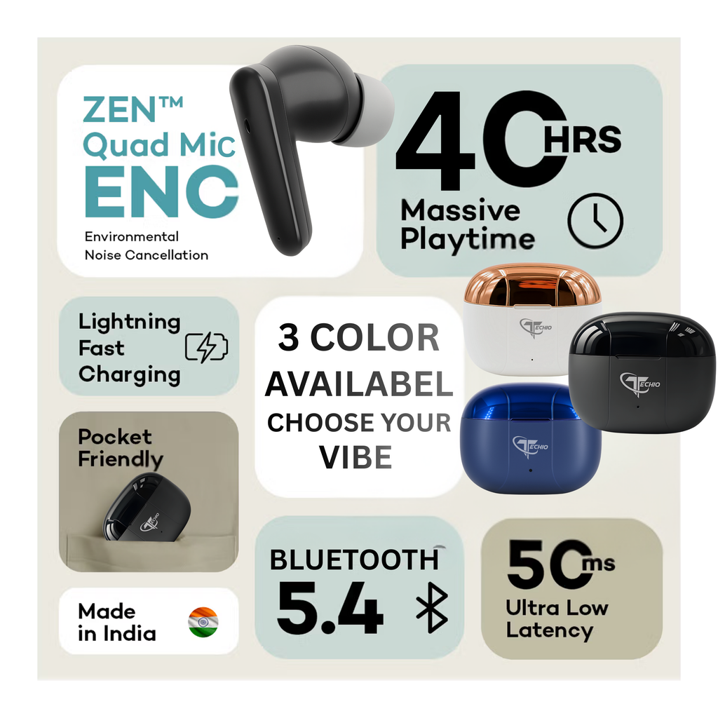 TECHIO Wireless Bluetooth Earbuds with ENC Mic | 40H Playtime | Bluetooth 5.3 | IPX5 |