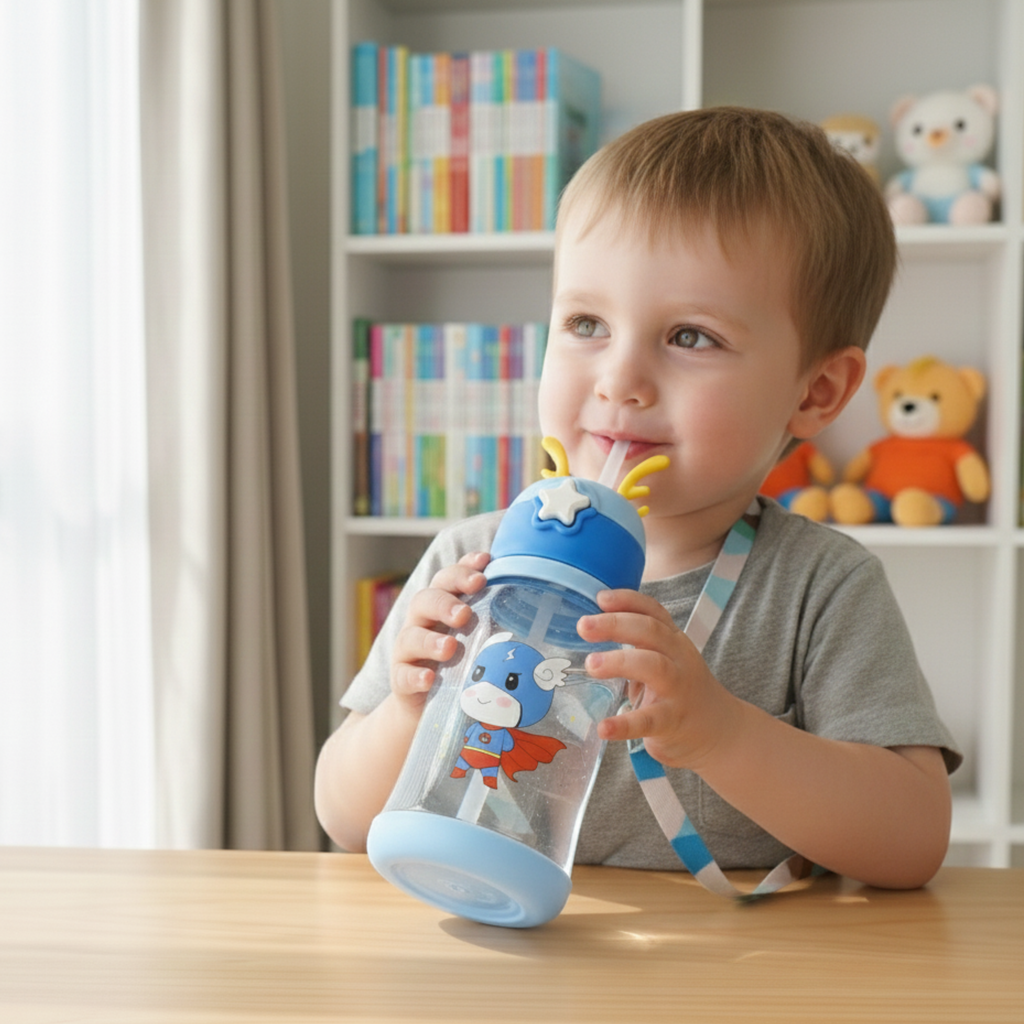 Kids Cute Straw Water Bottle | Leak Proof BPA Free | School & Travel Bottle for Children