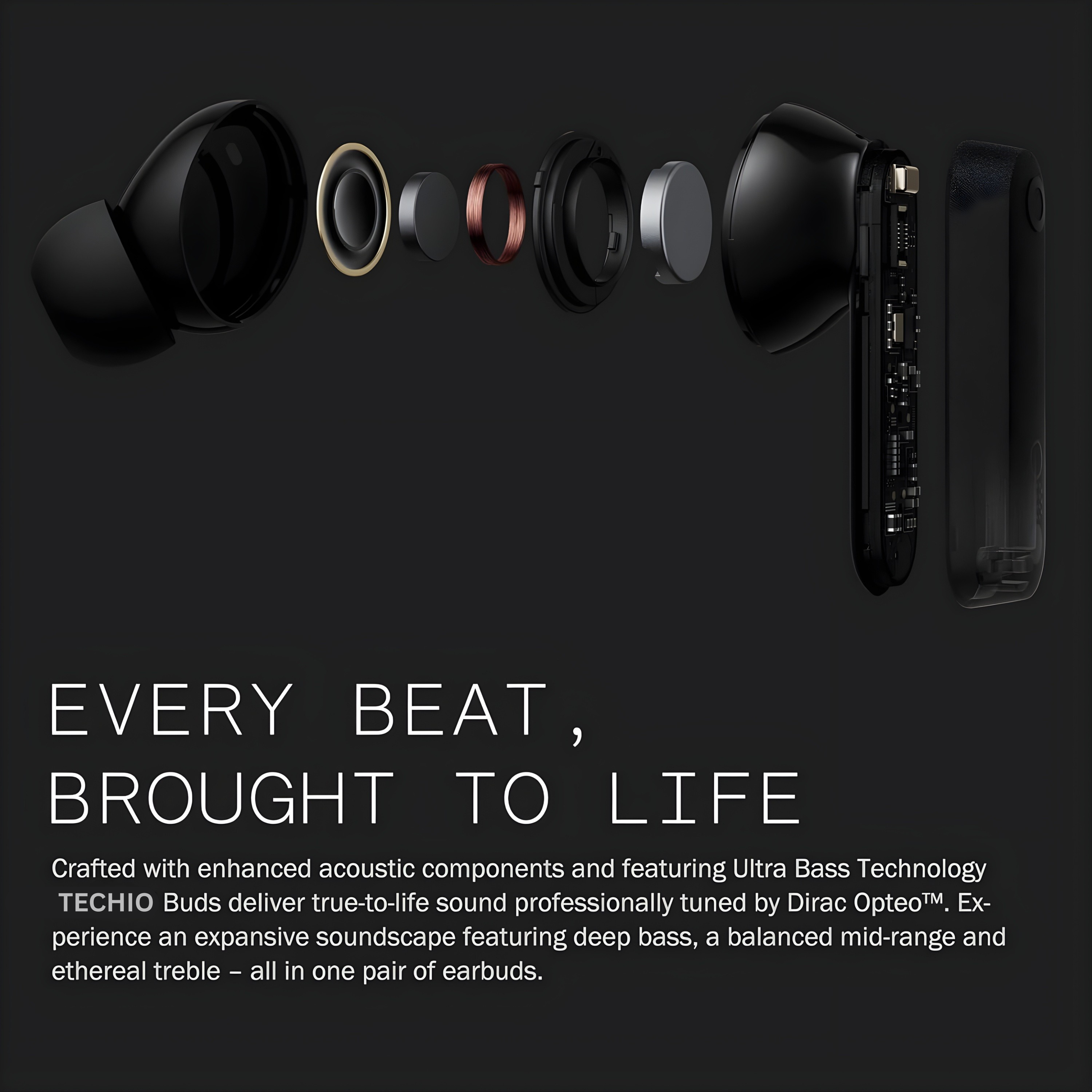 TECHIO Wireless Bluetooth Earbuds with ENC & Touch Control